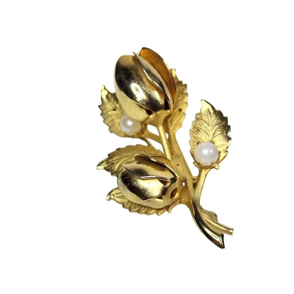 Vintage Gold Tone Roses Faux‎ Pearl Brooch Pin